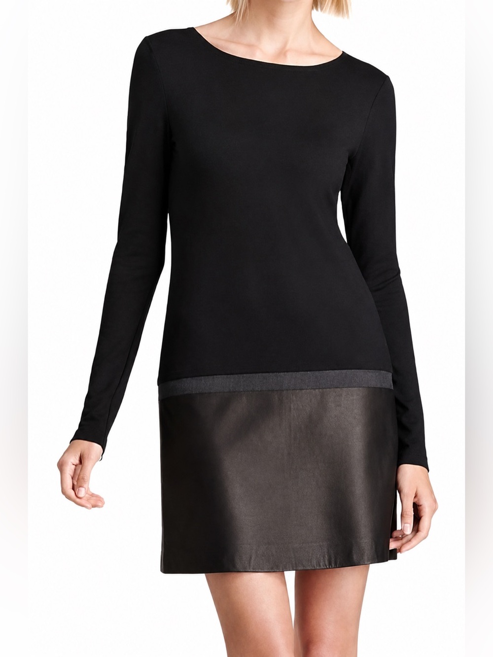 Theory Keiran LNZ Leather Hem Knit Shift Dress Black Medium M